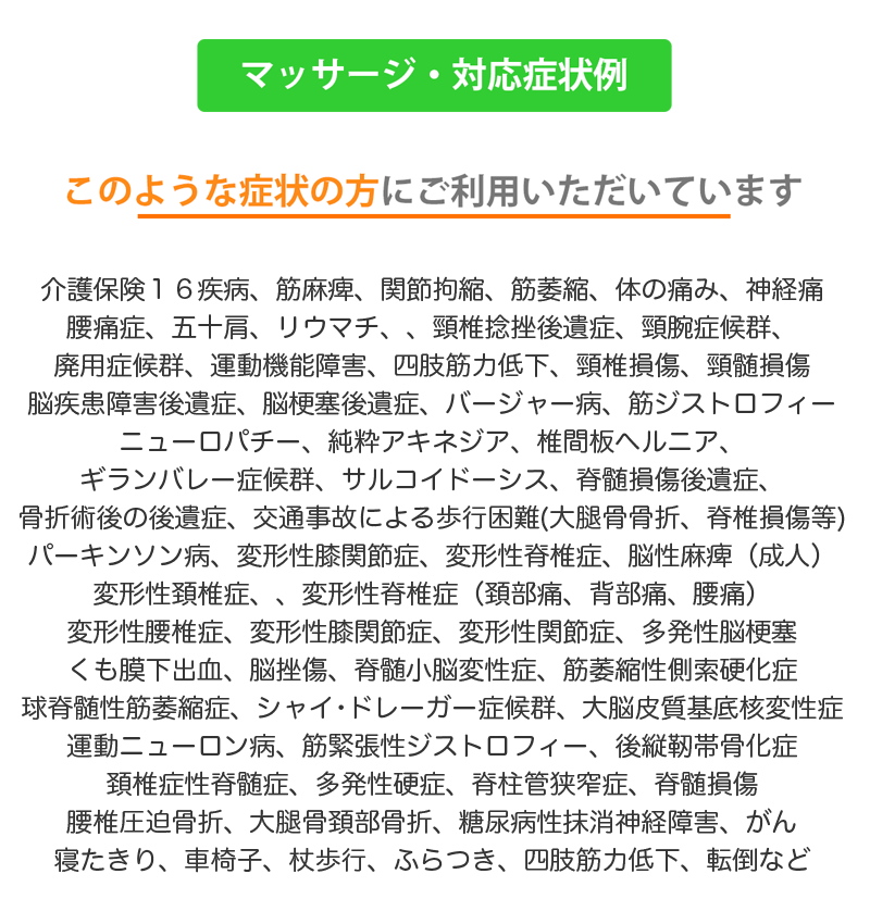 介護保険１６疾病、筋麻痺、関節拘縮、筋萎縮、体の痛み、神経痛、腰痛症、五十肩、リウマチ、頸椎捻挫後遺症、頸腕症候群、廃用症候群、運動機能障害、四肢筋力低下、頸椎損傷、頸髄損傷、脳疾患障害後遺症、脳梗塞後遺症、バージャー病、筋ジストロフィー、ニューロパチー、純粋アキネジア、椎間板ヘルニア、ギランバレー症候群、サルコイドーシス、脊髄損傷後遺症、骨折術後の後遺症、交通事故による歩行困難(大腿骨骨折、脊椎損傷等)、パーキンソン病、変形性膝関節症、変形性脊椎症、脳性麻痺（成人）、変形性頚椎症、変形性脊椎症（頚部痛、背部痛、腰痛）、変形性腰椎症、変形性膝関節症、変形性関節症、多発性脳梗塞、くも膜下出血、脳挫傷、脊髄小脳変性症、筋萎縮性側索硬化症、球脊髄性筋萎縮症、シャイ･ドレーガー症候群、大脳皮質基底核変性症、運動ニューロン病、筋緊張性ジストロフィー、後縦靭帯骨化症、頚椎症性脊髄症、多発性硬症、脊柱管狭窄症、脊髄損傷、腰椎圧迫骨折、大腿骨頚部骨折、糖尿病性抹消神経障害、がん、寝たきり、車椅子、杖歩行、ふらつき、四肢筋力低下、転倒をよくする